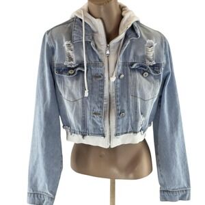 Love Tree Denim Jacket Womens Large Blue Distressed Hooded Cropped Zip Layered